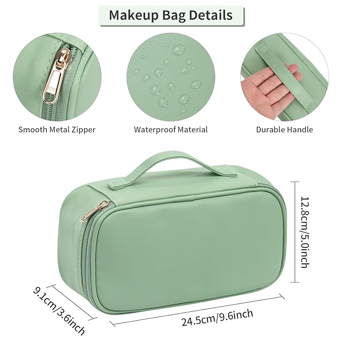 OCHEAL Small Makeup Bag,Portable Cute Travel Makeup Bag Pouch for Women Girls Makeup Brush Organizer Cosmetics Bags with Compartment-Light Green