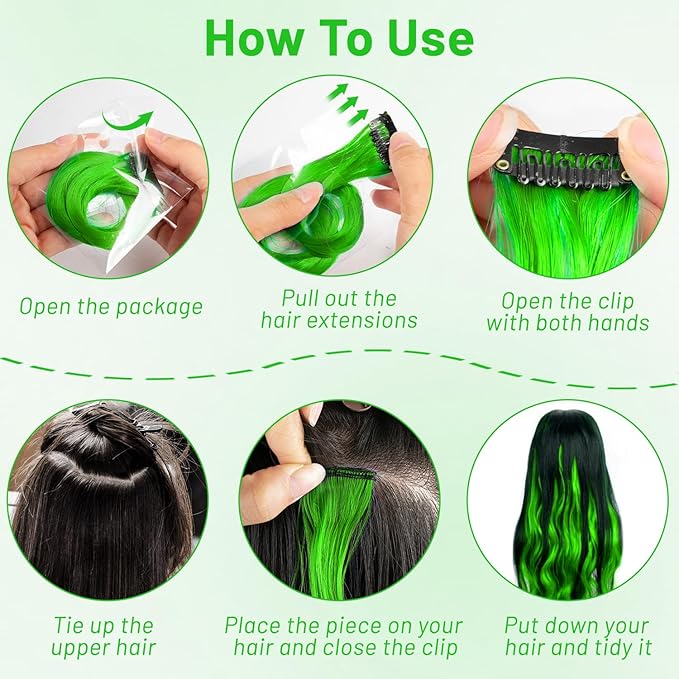 16 Pcs Colored Hair Extensions Curly Wavy Clip in Synthetic Hairpiece Streak,Colorful St.Patrick's Day Cosplay Party Highlights for Girls Women Kids Gift(Neon Green)