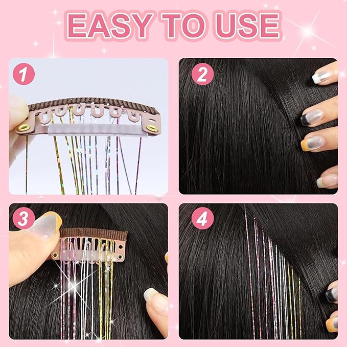 19.6Inch Clip in Sparkle Fairy Hair Extensions Kit for Kids, Girls, Women - 18 Pcs Heat Resistant Hair Tinsel Clips (Silver)