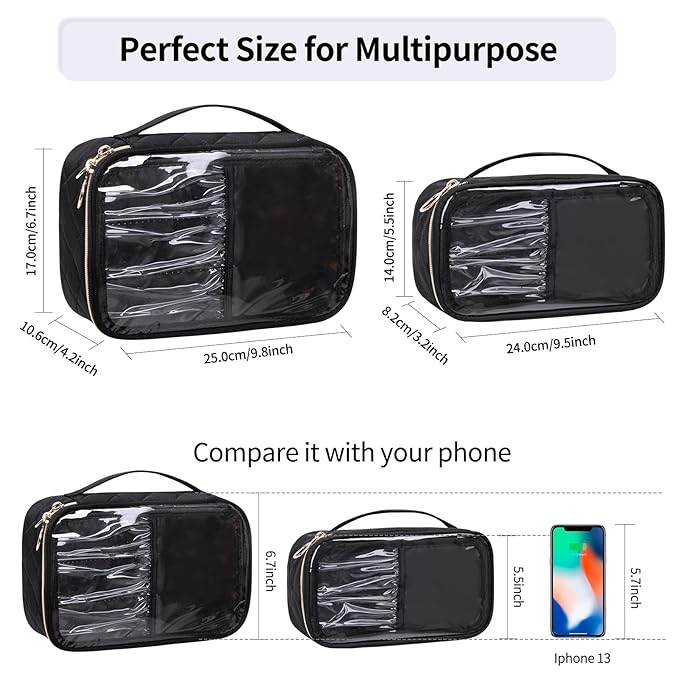 OCHEAL Clear Makeup Bag, Portable Cosmetic Bag Storage Organizer, Travel Makeup Bag Cute Clear Pouch For Women and Girls Cosmetics Bags with Divider Makeup Brush Compartment-Large Black
