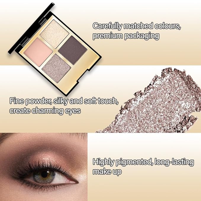 Eyeshadow Quad Makeup Palette – 4 Shades of Nude, Rose, Gold, Brown Tones, Blendable Matte & Shimmer, Long-Lasting Waterproof, Perfect for Mature & Young Women, with Built-In Mirror 02#