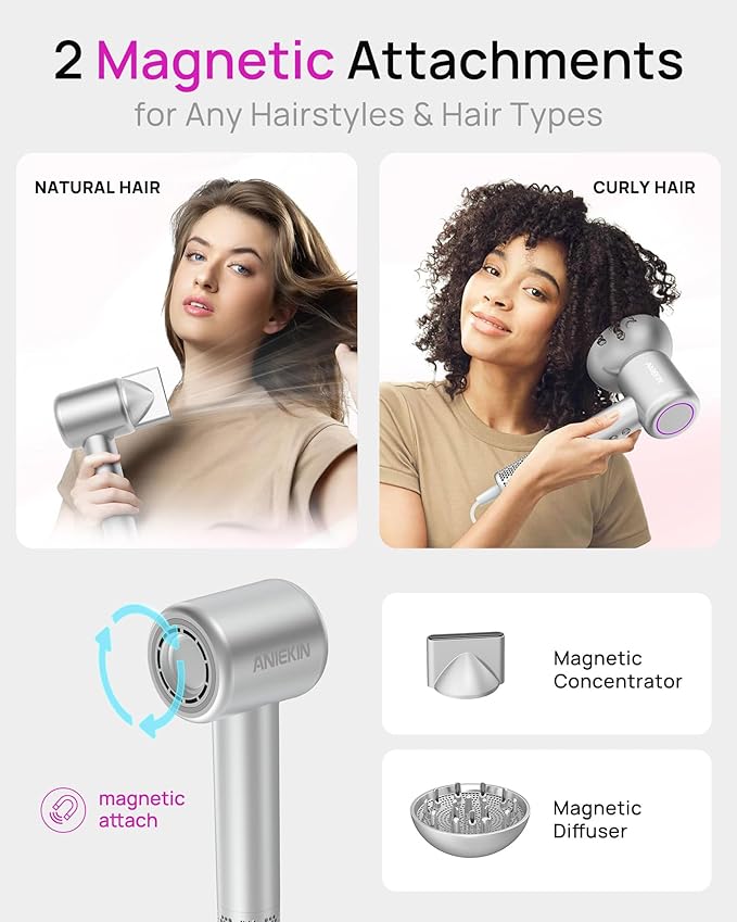 Hair Dryer, High-Speed Ionic Low Noise Blow Dryer with Brushless Motor for Fast Drying, Thermo-Control Quiet Compact Hair Blow Dryer with Magnetic Diffuser for Curly Hair for Home Travel Salon