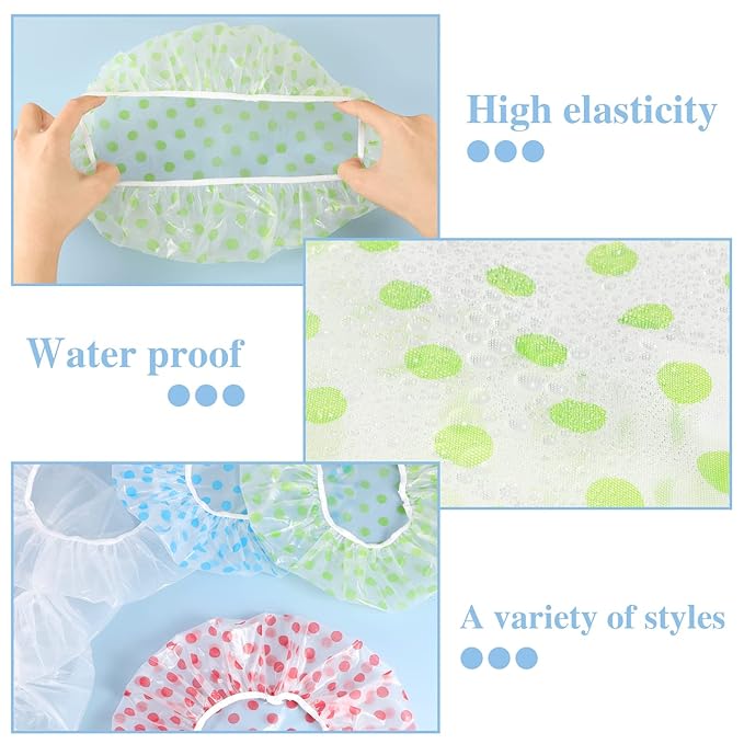 6 Pcs Shower Caps, Waterproof Bath Caps Plastic Reusable Shower Caps Elastic Band Bath Hair Caps for Women Kids