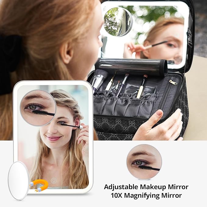 Omobolanle Makeup Bag with Mirror Led Light Detachable Portable Makeup Organizer Travel Cosmetic Train Case with Dividers and 10x Magnifying Mirror Cosmetic Toiletry Bag Black/Grey