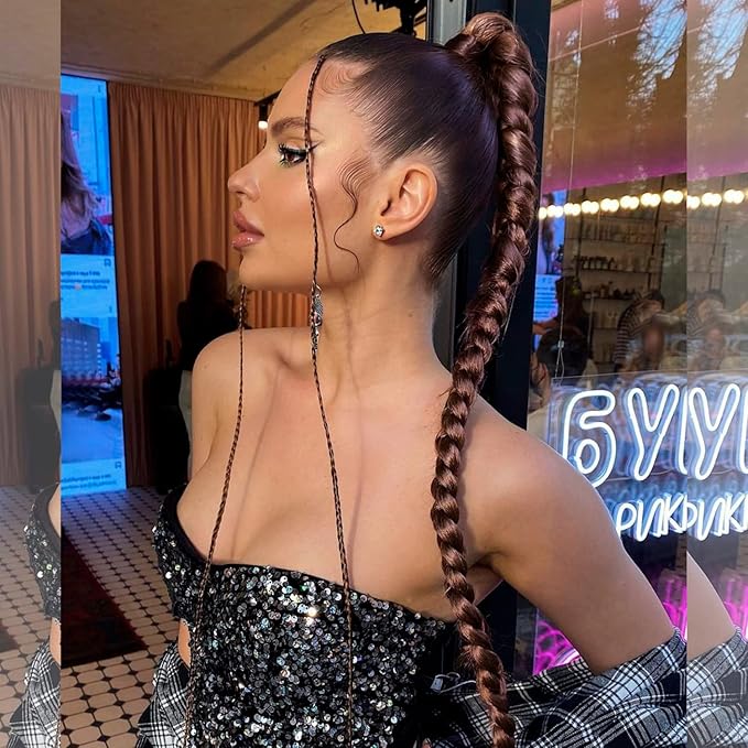 34inch Long Braided Ponytail Extension with Hair Tie Brown Straight Wrap Around Hair Braid Extensions for Women Synthetic High Temperature Fluffy Natural Soft Hair Piece for Women (6#)