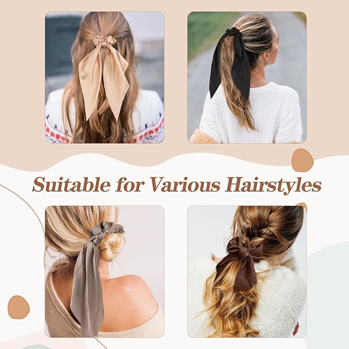 6 PCS Silk Scrunchies with Bows, Knotted Bow Hair Ties for Women & Girls - Satin Elastic Hair Accessories