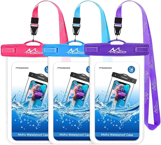 MoKo Waterproof Phone Pouch 3Pack, Underwater Phone Case Dry Bag with Lanyard Compatible with iPhone 16 14 13 12 11 Pro Max X/Xr/Xs Max/SE 3, Galaxy S21/S10/S9, Note 10/9/8