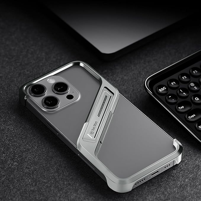 Lightweight Aluminum Alloy Shockproof Frame Case for iPhone 15 Pro Max Metal Bumper Cover with Hidden Stand (Gray)