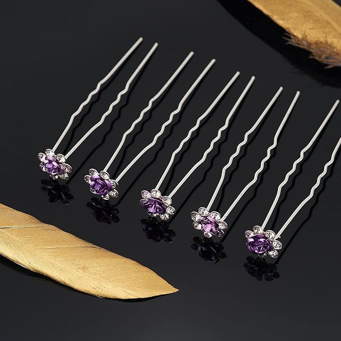 20 Pack (Violet) Crystal Hair Pins Rose Flower Rhinestone Hair Clips for Bridal Wedding Women Hair Jewelry Accessories, with Clear Container