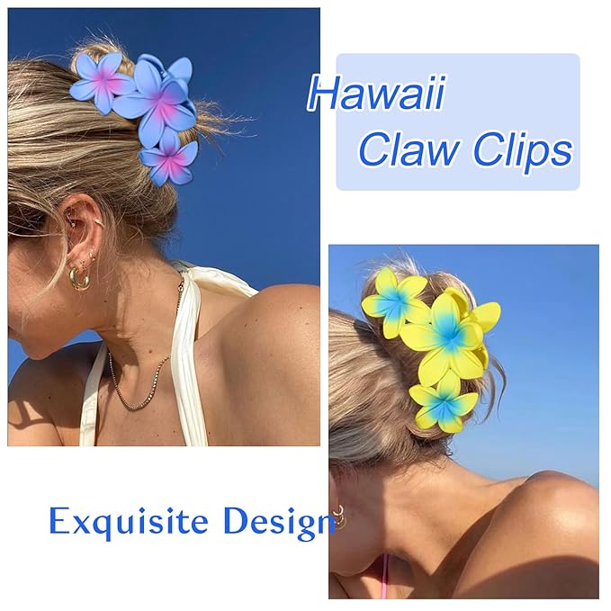 4PCS Plumeria Hair Clips for Thick Hair - Large Hawaiian Claw Clips with Strong Hold and Non-Slip Grip (Colorful)