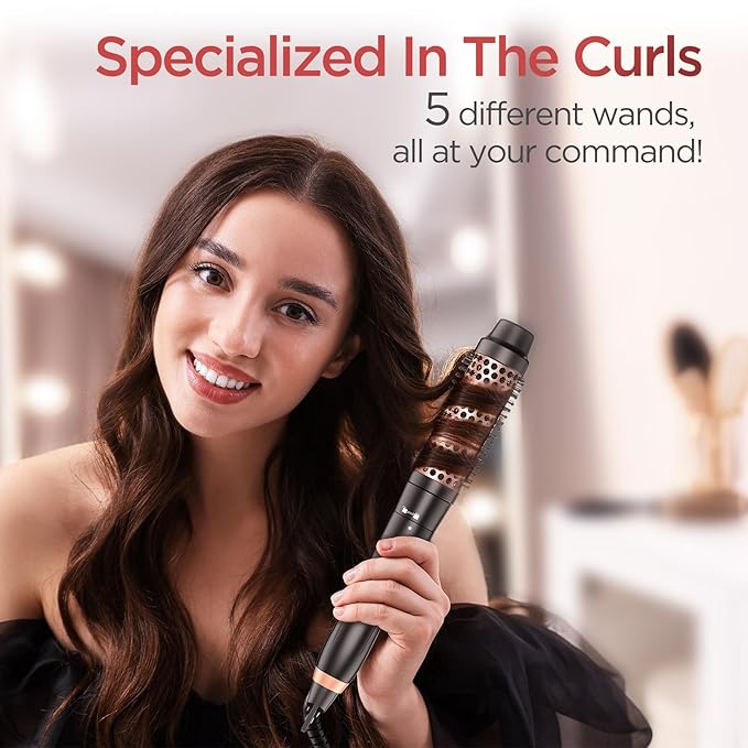 5 in 1 Curling Iron Curling Wand, Curling Iron Set with A Thermal Brush, A 3-Barrel Hair Crimper Iron, 3 Ceramic Curling Irons (0.35 "-1.25"), 2 Temps 30S Fast Heat Hair Curler Waver with Glove & Clip