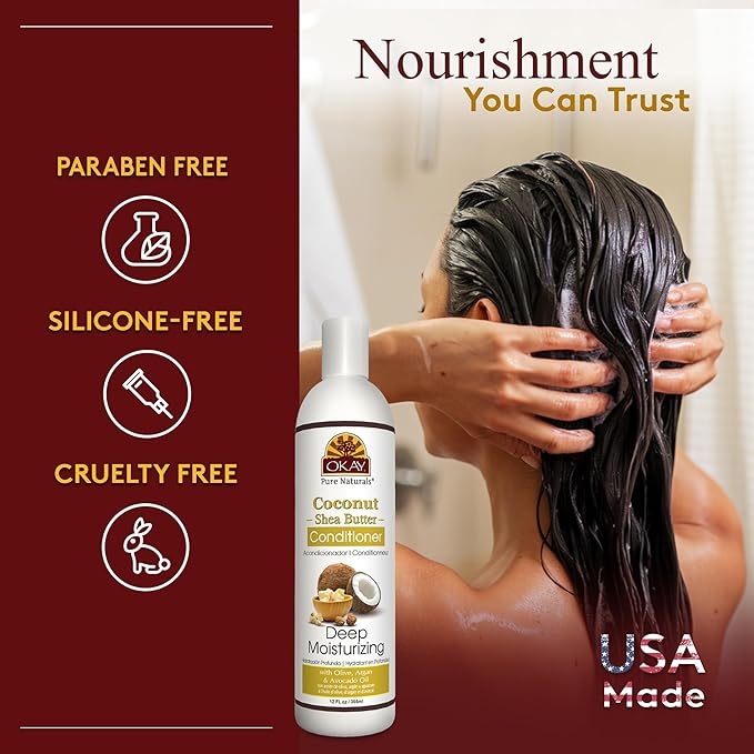 OKAY | Coconut & Shea Butter Conditioner | For All Hair Types & Textures | Fortify - Strengthen - Revitalize | With Olive, Argan & Avocado Oil | Free of Paraben, Silicone, Sulfate | 12. oz