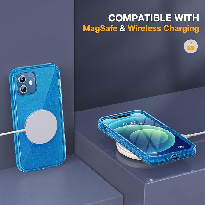Miracase Glass Series for iPhone 12/12 Pro - Full-Body Rugged Protective Case with Built-in 9H Tempered Glass Screen Protector and Camera Lens Protector - Glitter Blue