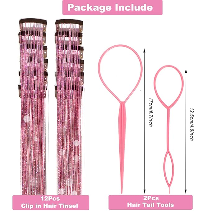 12Pcs Hair Tinsel Clip in Glitter Tinsel Hair Extensions 19.6Inch Clip in Hair Tinsel Kit Heat Resistant Shiny Sparkly Fairy Hair Accessories for Women Girls Kids (Pink)