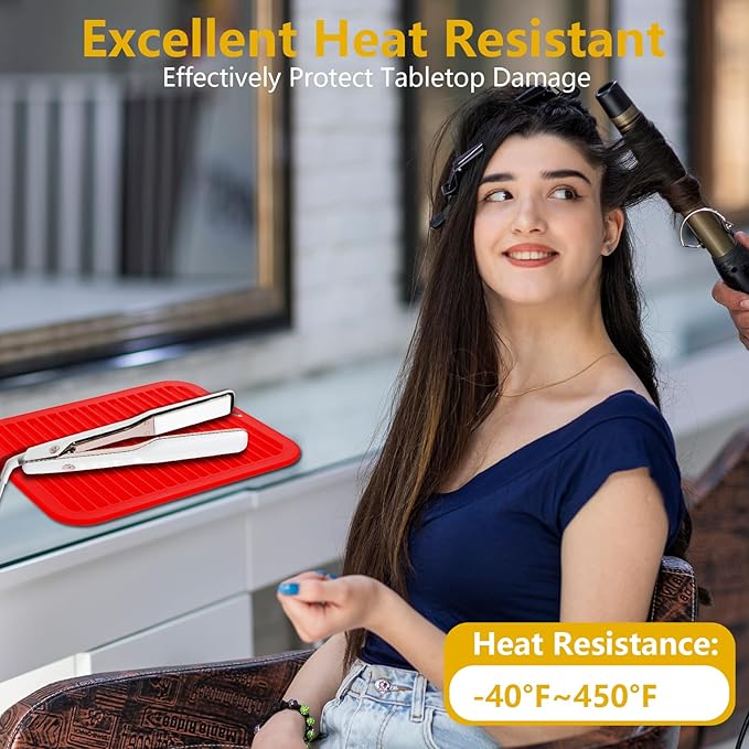 Large Silicone Heat Resistant Mat, 12"x 9" Professional Heat Mat for Curling Iron, Hair Strainghtener and Styling Tool Appliances, Flat Iron Mat, Travel Silicone Mat for Hair Dryer Salon Tools, Red