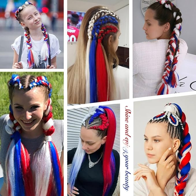 2 Pack Braid Ponytail Extension with Elastic Tie Straight Sleek Wrap Around Extensions Hair Ponytail Extension 26 Inch (Red/White/Blue#)