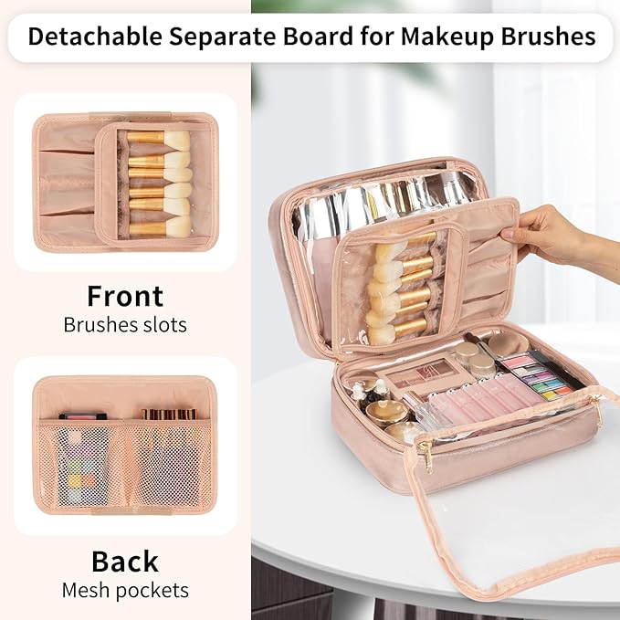 OCHEAL Makeup Bag, Makeup Travel Bag Large Capacity Waterproof Cosmetic Organizer with Makeup Brush Compartment & Handle for Women Girls Travel Toiletry Accessories-Rose Gold