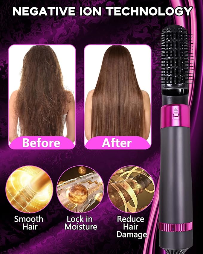 5 in 1 Hair Dryer Brush, Negative Ion Electric Hot Air Blow Dryer Brush Comb (black-red)