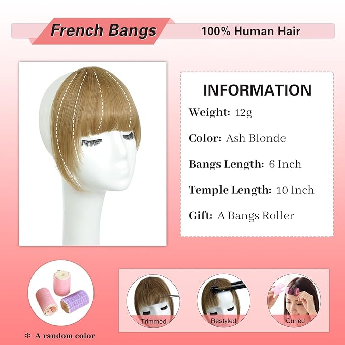 NAYOO Bangs Hair Clip in Bangs 100% Real Human Hair Extensions French Bangs Clip on Air Bangs for Women Hairpieces Curved Bangs for Daily Wear(Ash Blonde)