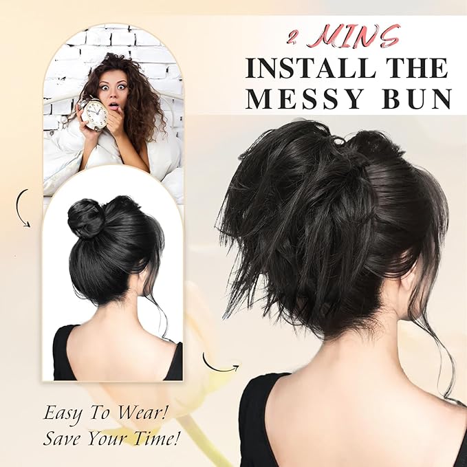 MORICA Tousled Updo Messy Bun Hair Piece Hair Extension Ponytail with Elastic Rubber Band Updo Wavy Bun Extensions Synthetic Hair Extensions Scrunchies Chignons Hairpiece for Women 1B