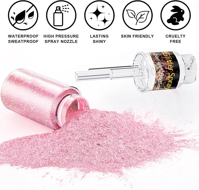 Hair and Body Glitter Spray, 1PC Pink Glitter Hairspray Dry Powder Makeup for Clothes, Festival Rave Prom Loose Sparkle Powder,Holographic Ultra Fine Resin Glitters for Crafts,10g (Pink)