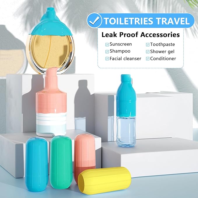 8 Pack Silicone Bottle Covers,Elastic Sleeves for Leak Proofing,Travel Essentials for Women Men,Reusable Accessories Luggage for Travel Size Toiletries,Cruise Ship Essentials