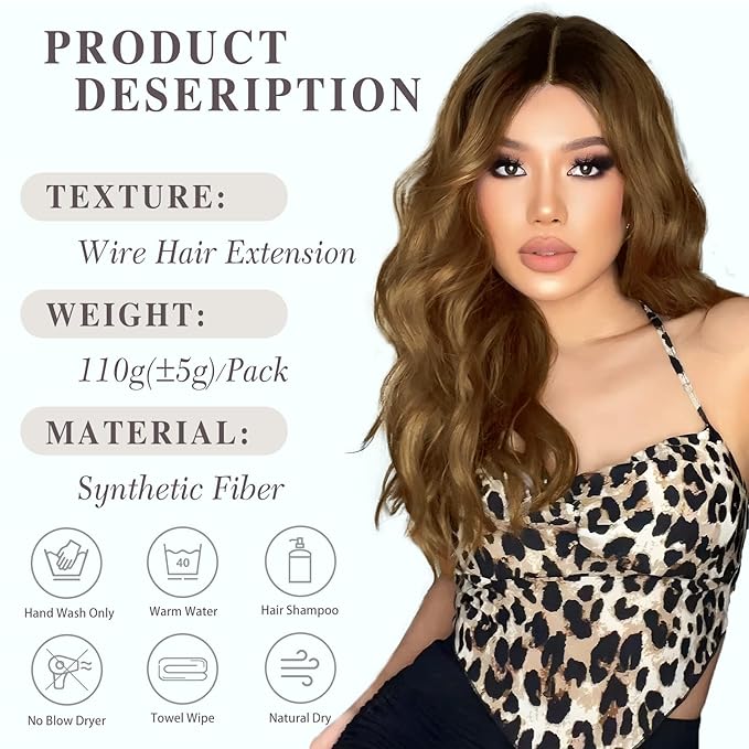 MORICA Invisible Wire Hair Extensions - 20 Inch Chestnut Brown Long Wavy Synthetic Hairpiece with Transparent Wire Adjustable Size, 4 Secure Clips for Women
