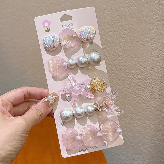 5 Pcs Starfish Seashell Hair Clips Mermaid Costume Pearl Beach Ocean Hair Accessories Women and Girls (Pink)