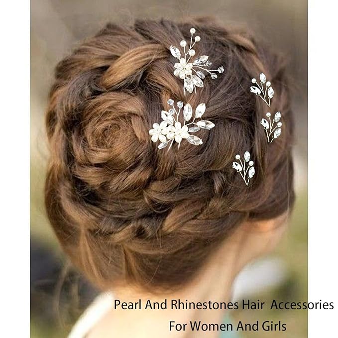 5 Pieces Pearl Bride Hair Pins Rhinestone Bridal Hair Piece for Women Crystal Pearl Hair Accessories for Bride Bridesmaids Flower Girls(Silver)