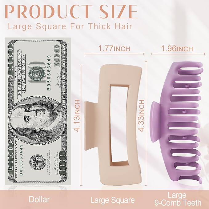 TOCESS 8 Pack Big 4.33 Inch Hair Claw Clips for Women & Girls, Non-Slip Matte Finish Rectangle Clips for Thick, Thin, Long, Curly Hair