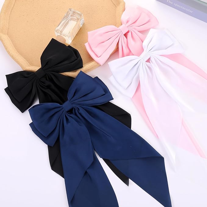 Silky Satin Oversized Hair Bows for Women Girls 4 PCS Hair Ribbon Bow Hair Clips with Long Tails (Black, White, Pink, Navy )