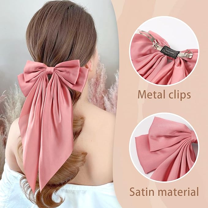 6 PCS Hair Bows for Women, Big Bow Hair Clips for Girls, Silky Satin Hair Bow Clips Oversized, Large Cute Aesthetic Hair Accessories Gifts Holiday Green Color