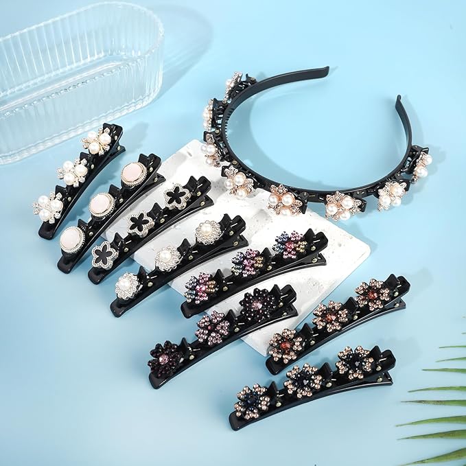 9PCS Rhinestone Braided Hair Clips, Sparkling Crystal Pearls Hair Barrettes, Pearl Headband with Clips, for Women and Girls Hair Styling Accessories