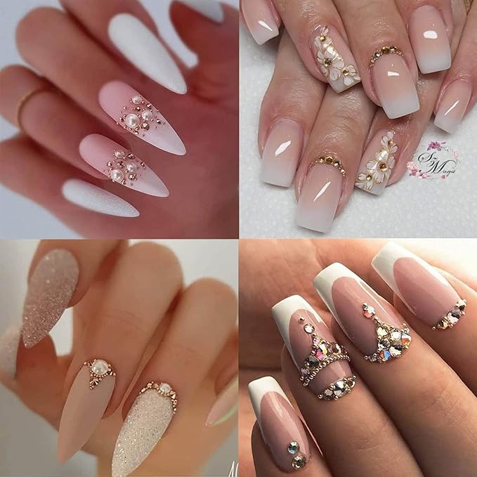 2 Boxes Nail Art Pearls Flatback Pearls Nail Charms Gold Silver White Half Round Nail Art Supplies Luxurious Design Nail Accessories Rhinestones for Women Nail Decorations.