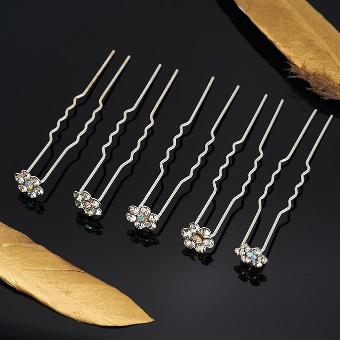 20 Pack (White) Crystal Flower Hair Pins Rhinestone Hair Clips for Bridal Wedding Women Hair Jewelry Accessories, with Clear Container