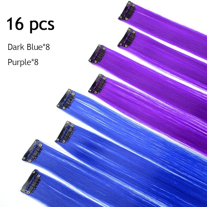16Pcs Color Clip in Hair Extensions Purple Blue Multiple Color Hair 20inch Colorful Straight Fashion Clip on Hairpieces for Girls Women(Purple + Blue)