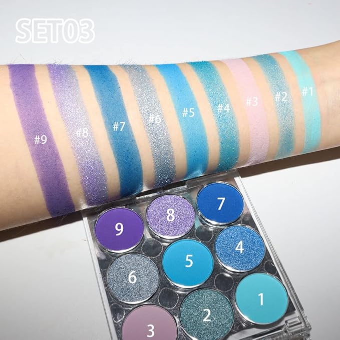 9-Color Shimmer & Matte Blue Eyeshadow Palette – Highly Pigmented Light & Dark Blue Shades, Blendable Shiny & Matt Makeup Powder