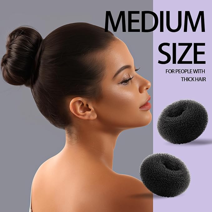 Teenitor Donut Hair Bun Maker Set, Hair Bun Shaper Set with Large, Medium, Small Hair Donuts For Buns, Hair Accessories For Girls, 5 Elastic Bands, Black