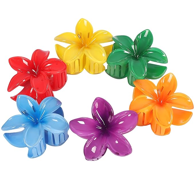 Hawaiian Plumeria Hair Accessories - 6 Pack Large Claw Clips for Thick and Thin Hair, Beach Tropical Hair Clips for Women and Girls
