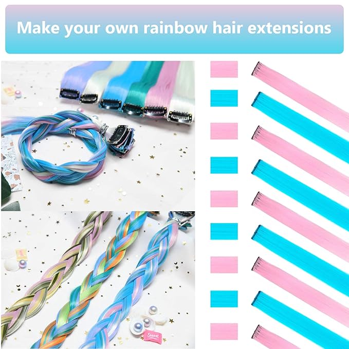 22 Inch Colored Hair Extensions 10 PCS, Colorful Party Highlights Clip in Synthetic Hair Extensions, Sky Blue/Light Pink Hairpieces for Girls Women Kids Doll Party Cosplay Gifts