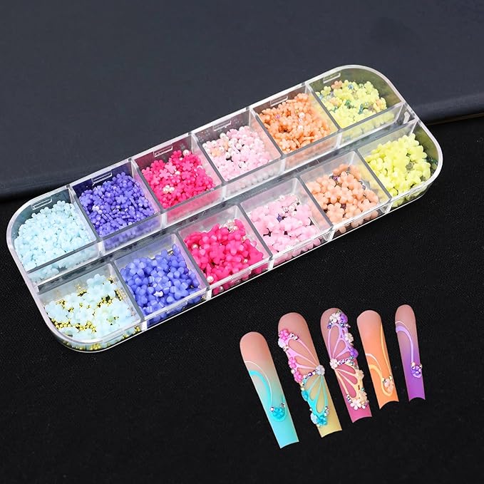 3D Pink Pastel Acrylic Flower Nail Charms - Mixed Rhinestones Kit with Gold Caviar Beads & Crystal AB Color Gems