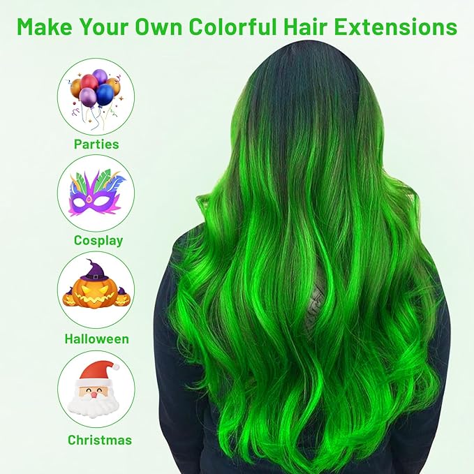 16 Pcs Colored Hair Extensions Curly Wavy Clip in Synthetic Hairpiece Streak,Colorful St.Patrick's Day Cosplay Party Highlights for Girls Women Kids Gift(Neon Green)