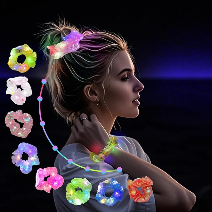 8 Pcs LED Scrunchies, Light Up Yarn Hair Accessories for Women Girls, Glow in The Dark Party Supplies for Neon Party