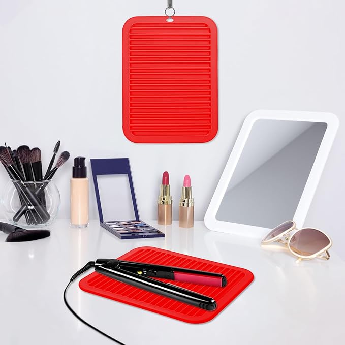 Large Silicone Heat Resistant Mat, 12"x 9" Professional Heat Mat for Curling Iron, Hair Strainghtener and Styling Tool Appliances, Flat Iron Mat, Travel Silicone Mat for Hair Dryer Salon Tools, Red