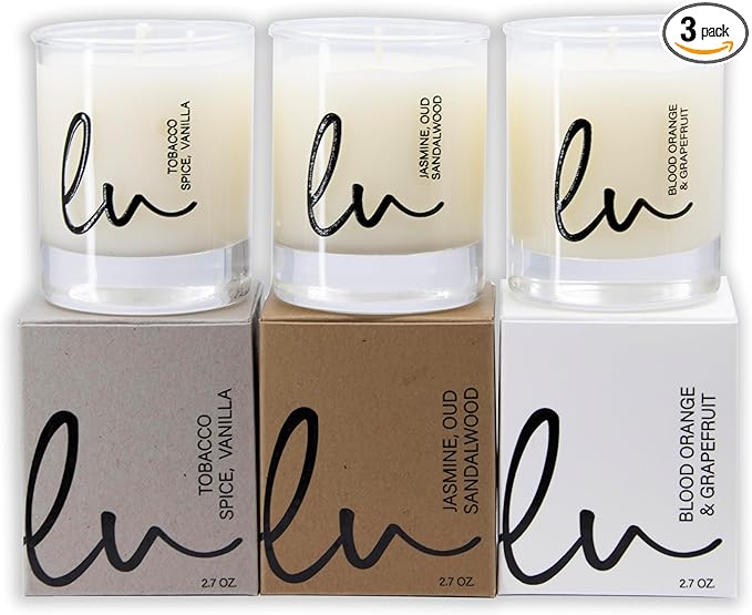 Lulu Candles | Jasmine, Oud & Sandalwood, Tobacco Spice & Vanilla, Blood Orange & Grapefruit | Luxury Scented Soy Jar Candle | Hand Poured in The USA | Highly Scented (Gift Set 3 PC - 2.7 Oz Votives)