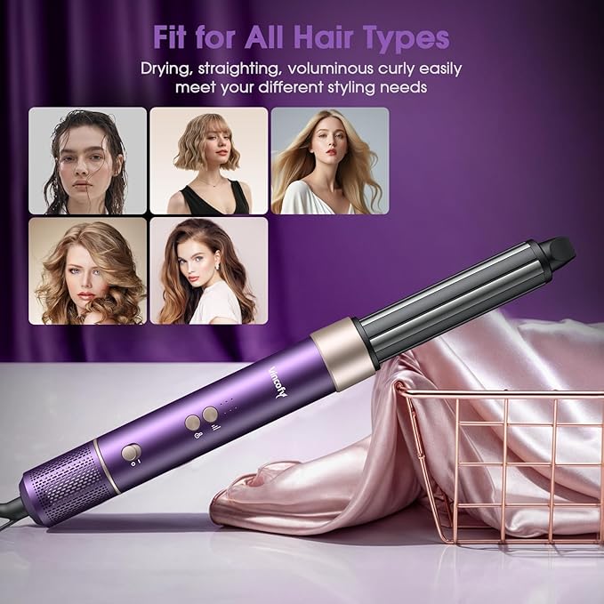 7 in 1 Blow Dryer Brush and Hair Dryer, Hot Hair Styler with Negative Ion 110,000 RPM Hair Straightener Brush for Fast Drying Straightening Curling Voluming, Suitable for All Types,Purple