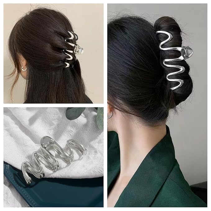 3 Pack Hair Claw Clips for Thick Long Hair, Silver Metal Wave Cross with Peal Big Jaw Clamps Hair Accessories for Women, Fashion Elegant Aesthetics Variety Hairgrip Styling Tools