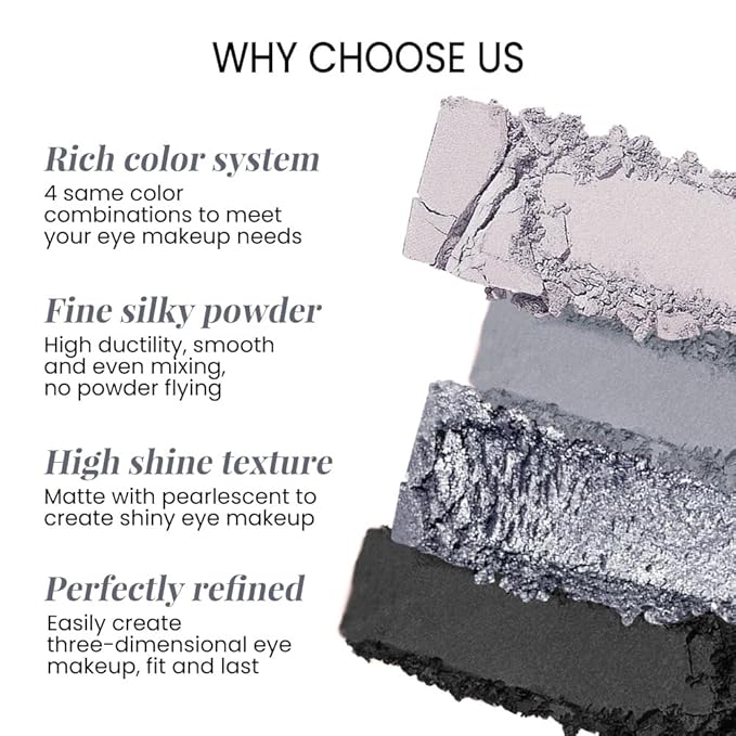 Eyeshadow Quads, 4 Black Smokey Grey Gray Silver Matte Shimmer Eye Shadow Makeup Palette Pigmented Silver Glitter Metallic Eyeshadow Makeup Palette sombra negra para ojos para ojos brillantes 01#