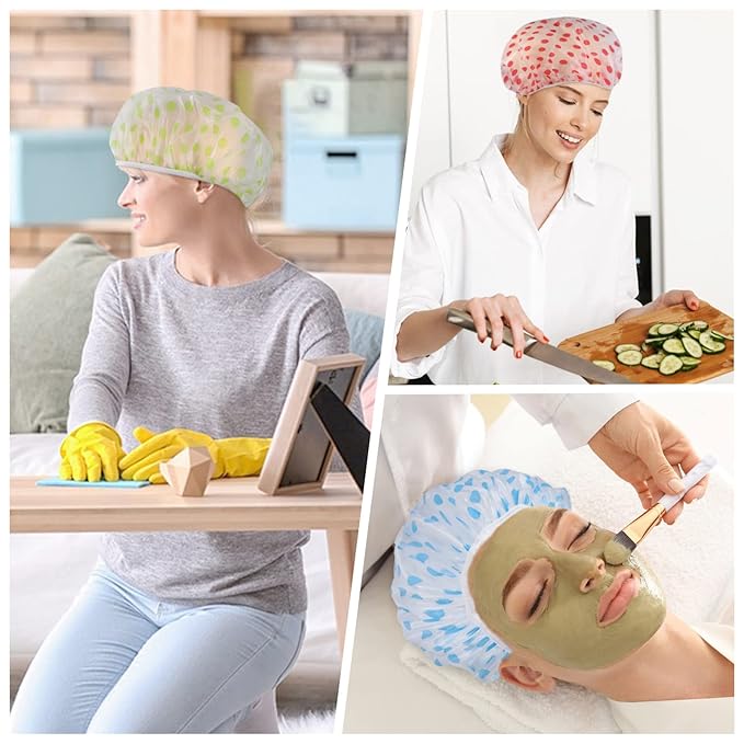6 Pcs Shower Caps, Waterproof Bath Caps Plastic Reusable Shower Caps Elastic Band Bath Hair Caps for Women Kids