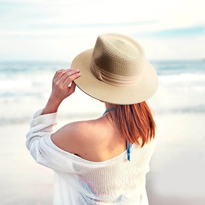 DRESHOW Women Straw Panama Hat Travel Fedora Beach Sun Hat Summer Wide Brim Straw Roll up Hat UPF 50+